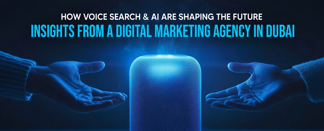 A screenshot showcasing the title "How Voice Search & AI Are Shaping the Future" with a subtitle "Insights from a Digital Marketing Agency in Dubai." The text is presented in a modern font against a professional background.