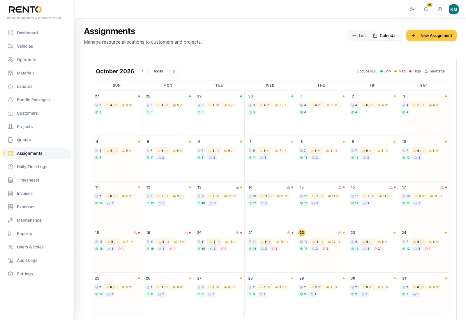 RentO — Assignments calendar
