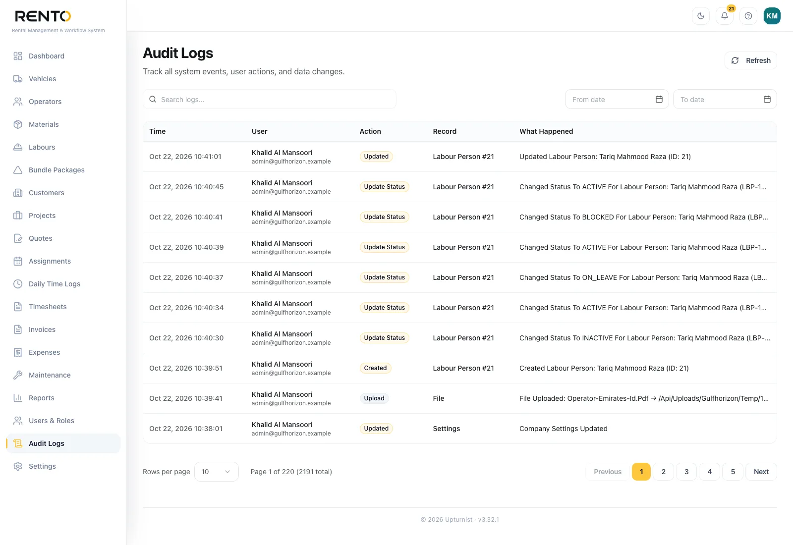 RentO — Audit log