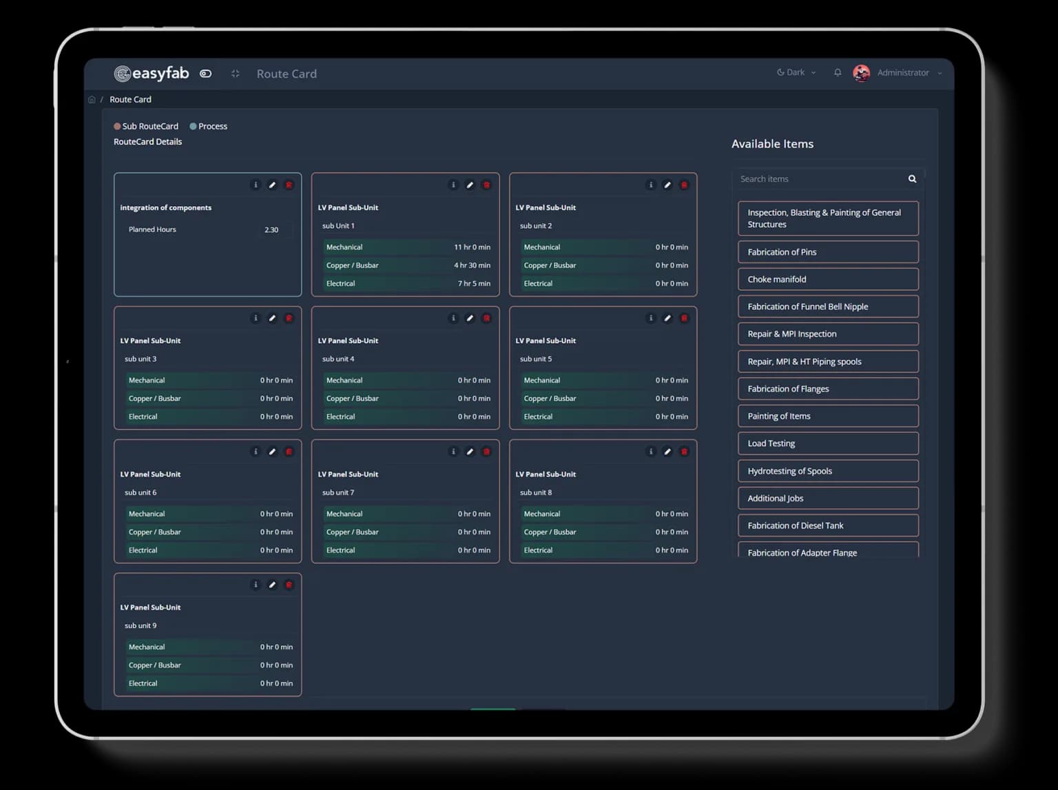 EasyFAB ERP — Route card builder