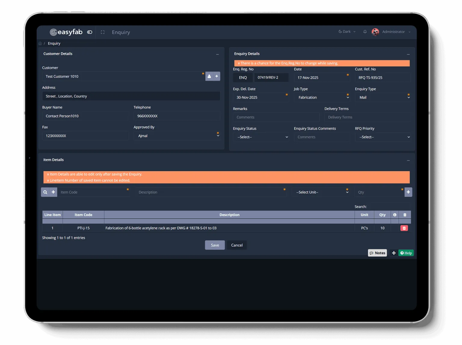 EasyFAB ERP — Enquiry & quotation