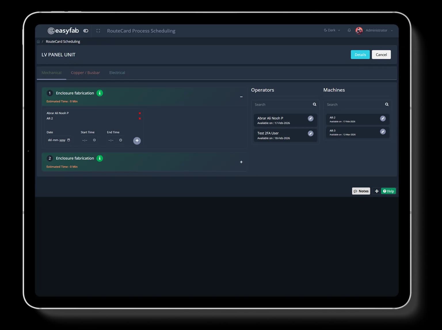 EasyFAB ERP — Process scheduling