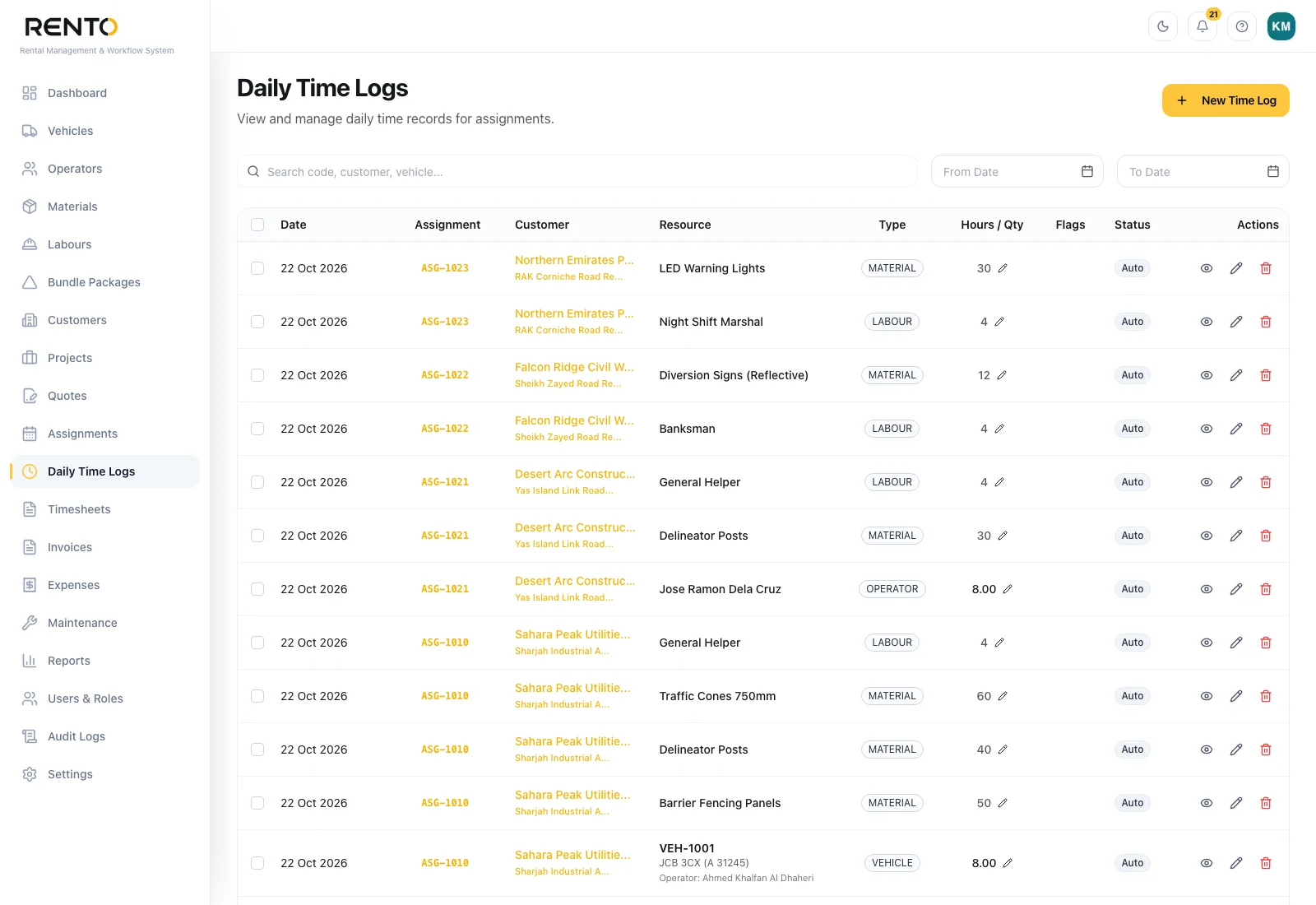 RentO — Daily time logs