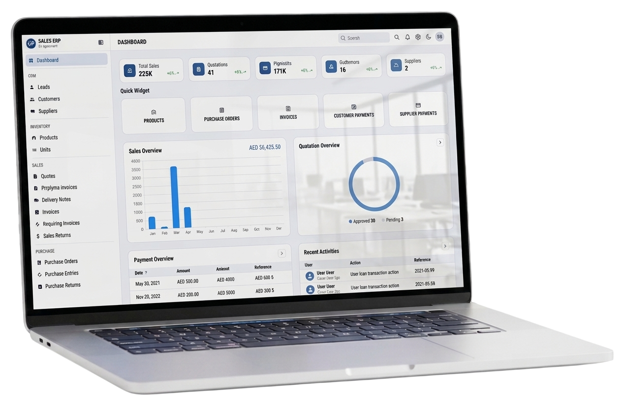 Upturnist cloud ERP dashboard shown on a laptop